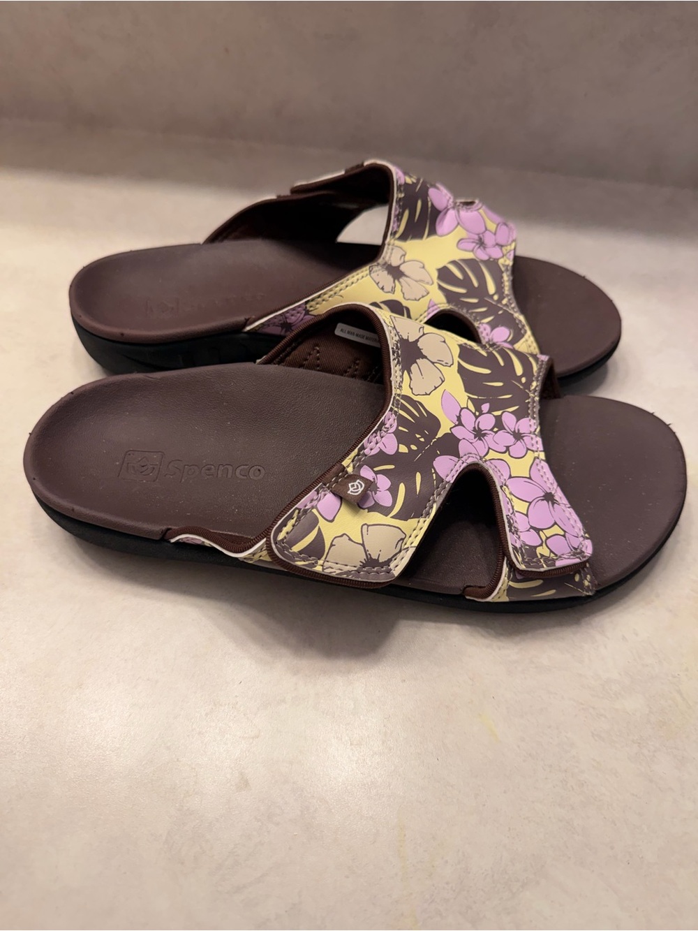Spenco Women's Floral Slide Sandals in Brown and Pink